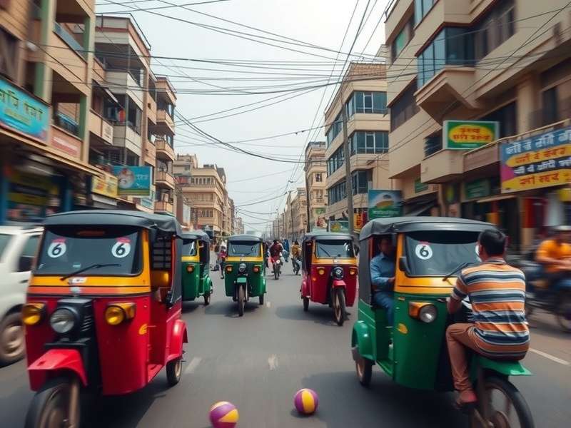 Jugaad Rickshaw Run game cover showing chaotic Indian street with colorful rickshaws